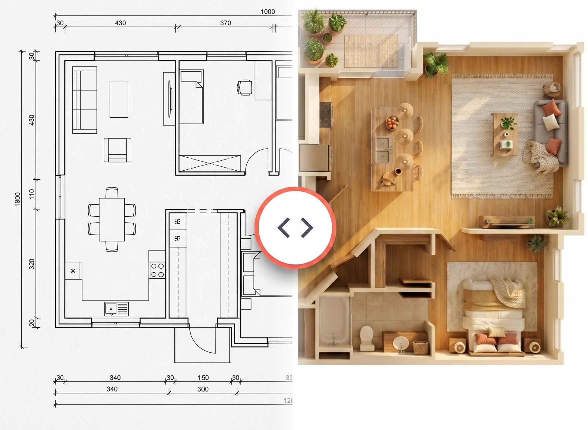 AI floor plan renderer converting a 2D floor plan image into a furnished 3D render.