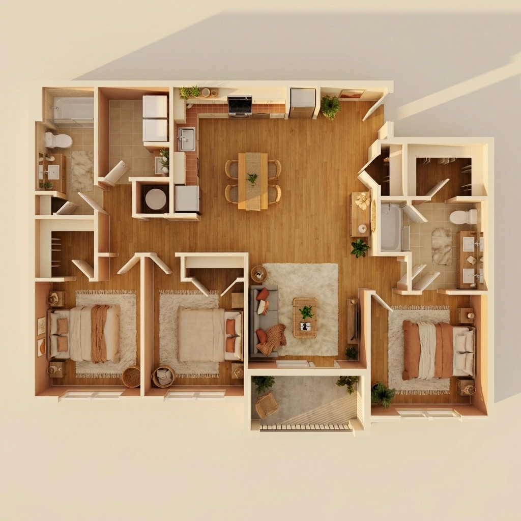 AI-generated 3D floor plan render in cozy style from FloorVis